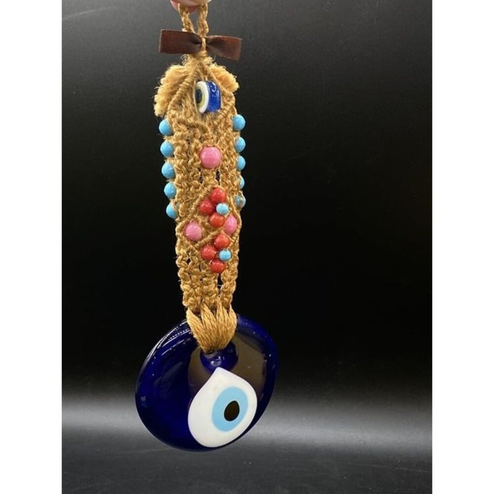 Large Art Glass Evil Eye With Crochet Macrame Hanger & Glass Beads